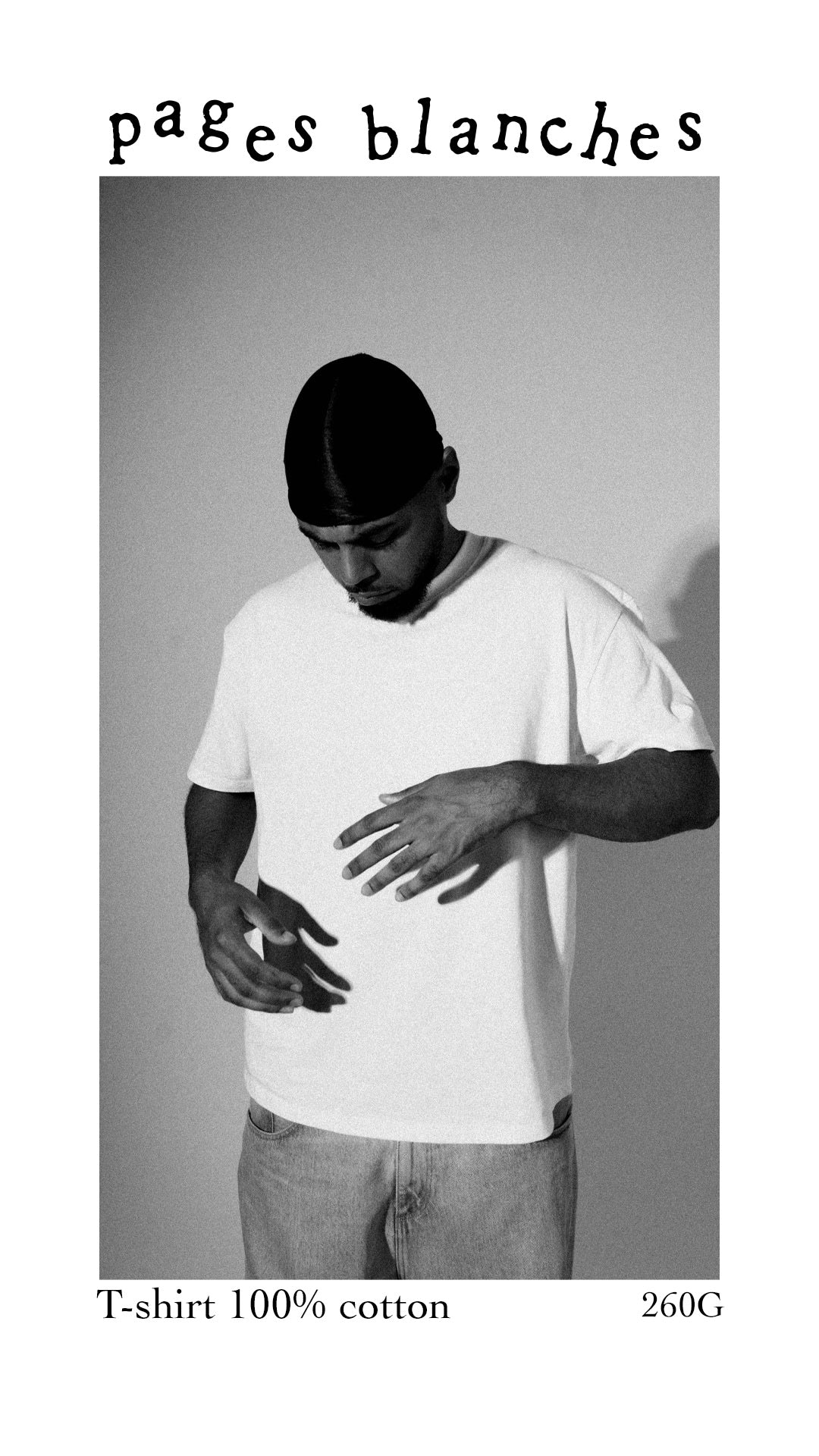 T-shirt blanc pages blanches, mains sur le coton, 100% cotton 260G
