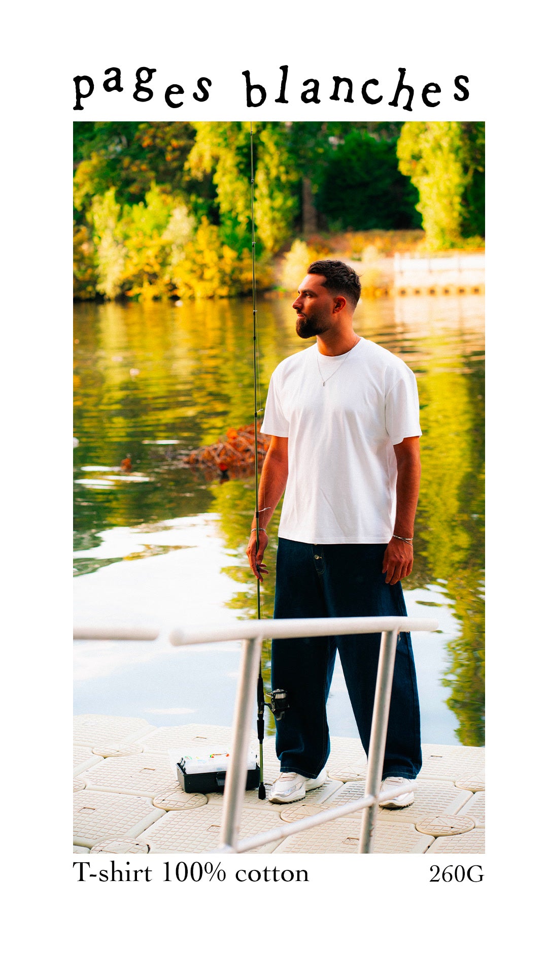 T-shirt blanc pages blanches, pêche sur le ponton, 100% cotton 260G